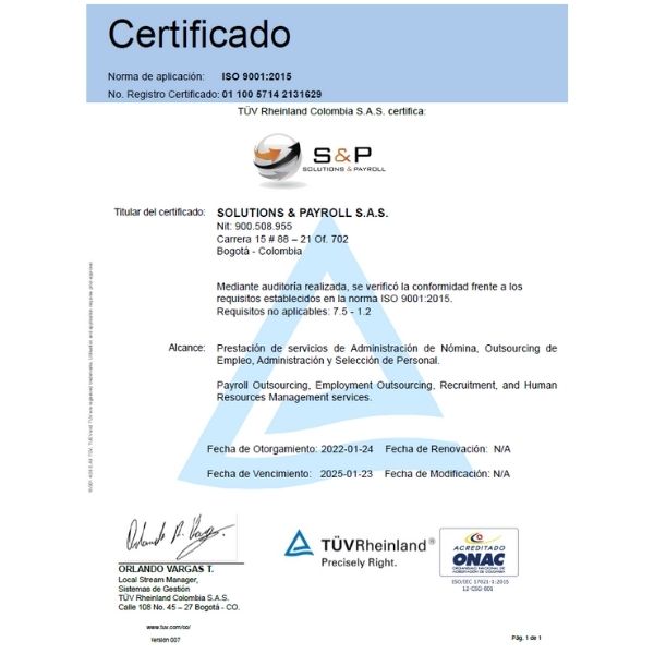 Certificado de calidad S&P